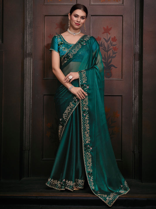 Women's Organza Teal blue Embellished Designer Saree With Blouse Piece