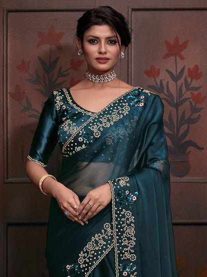 Women's Organza Teal blue Embellished Designer Saree With Blouse Piece