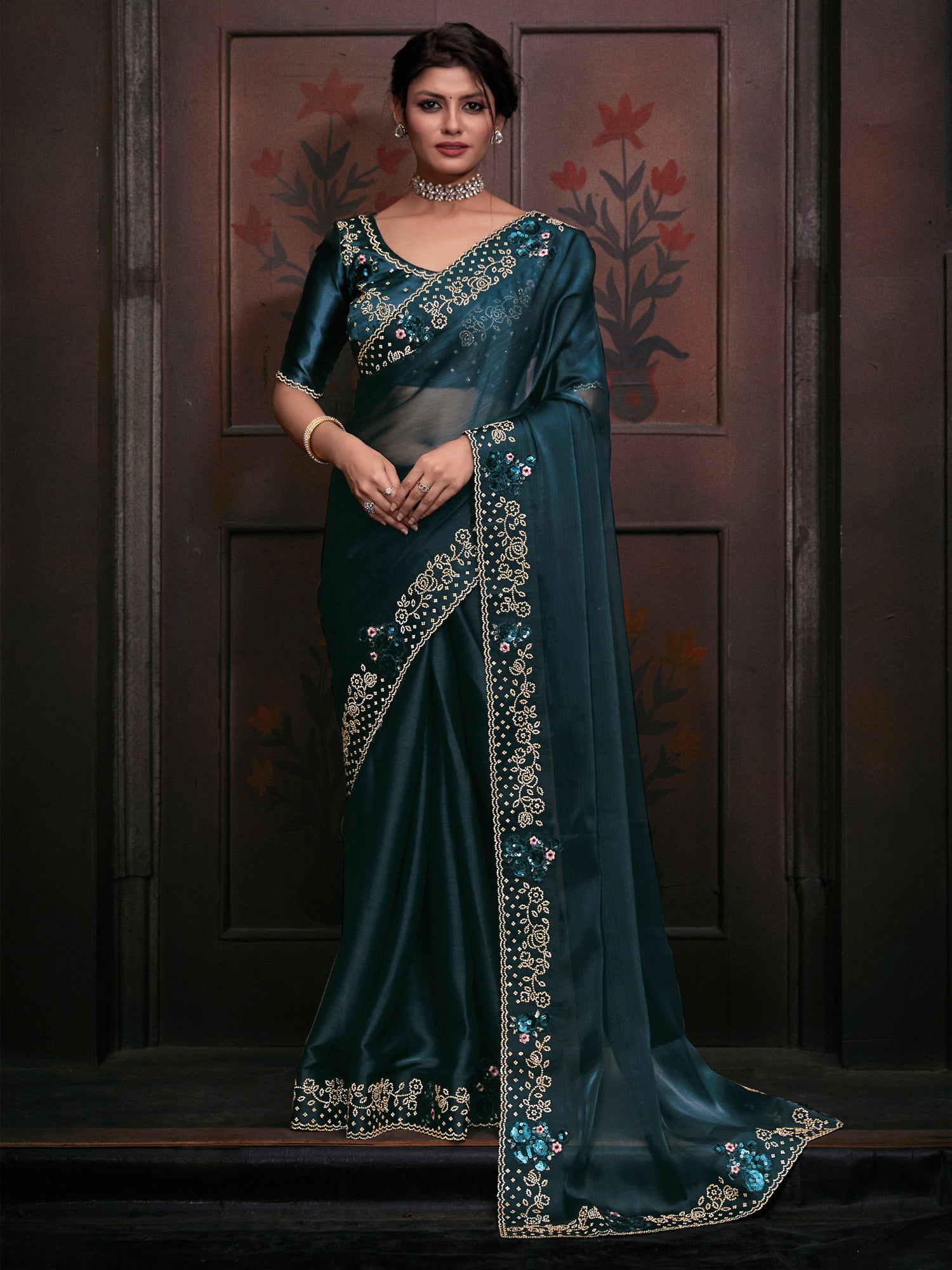 Women's Organza Teal blue Embellished Designer Saree With Blouse Piece