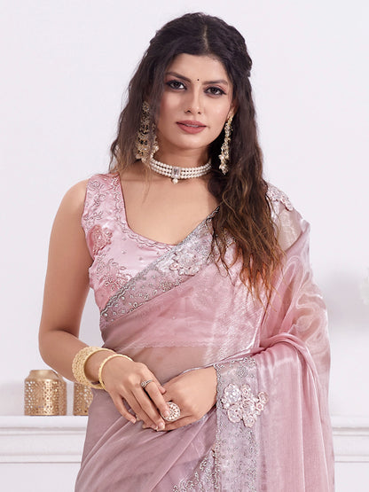 Women's Organza Pink Embellished Designer Saree With Blouse Piece