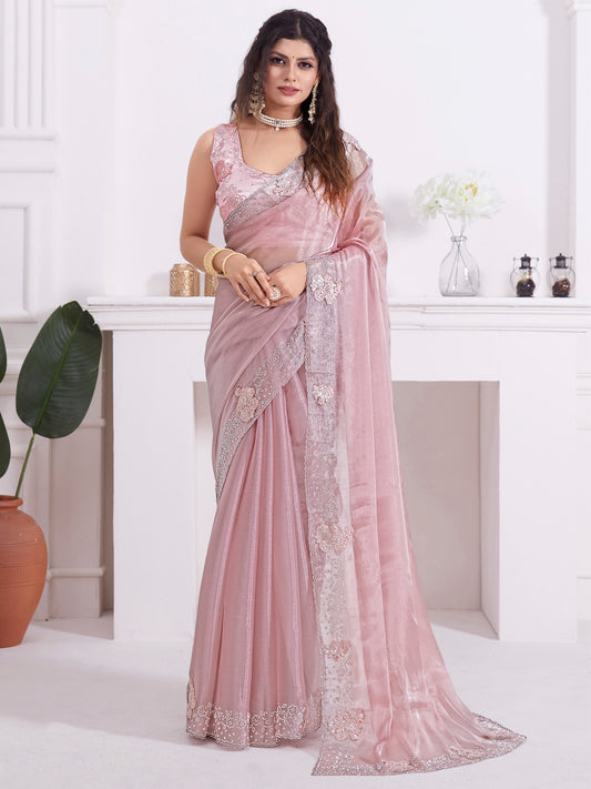 Women's Organza Pink Embellished Designer Saree With Blouse Piece