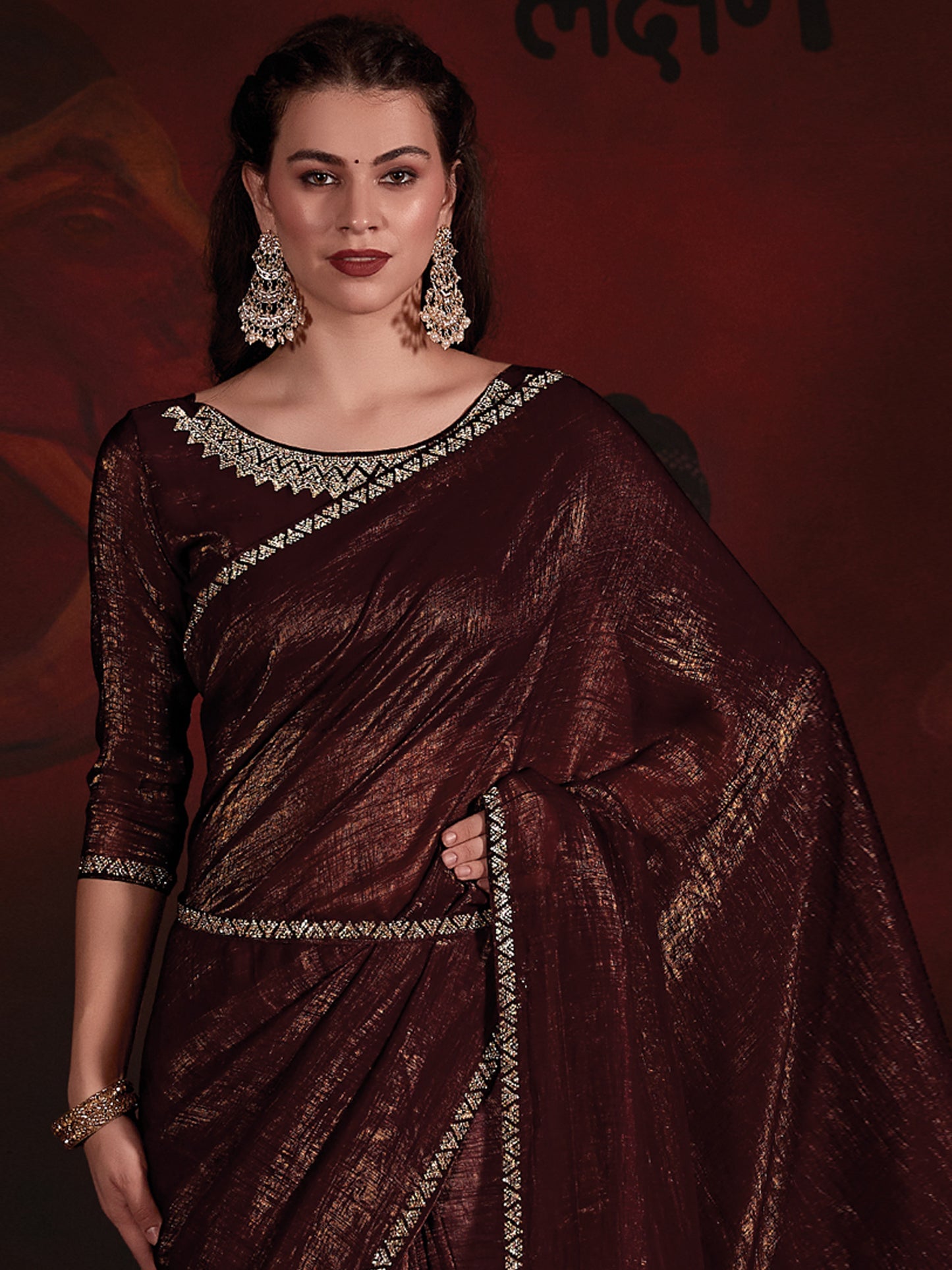 Women's Viscose Silk Brown Embellished Designer Saree With Blouse Piece