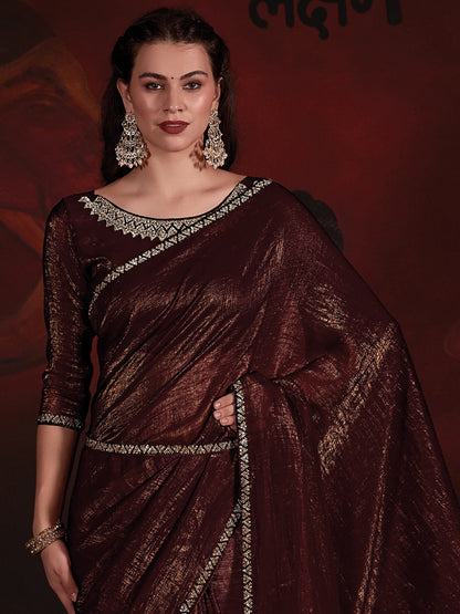 Women's Viscose Silk Brown Embellished Designer Saree With Blouse Piece