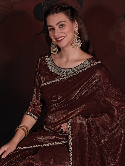 Women's Viscose Silk Brown Embellished Designer Saree With Blouse Piece