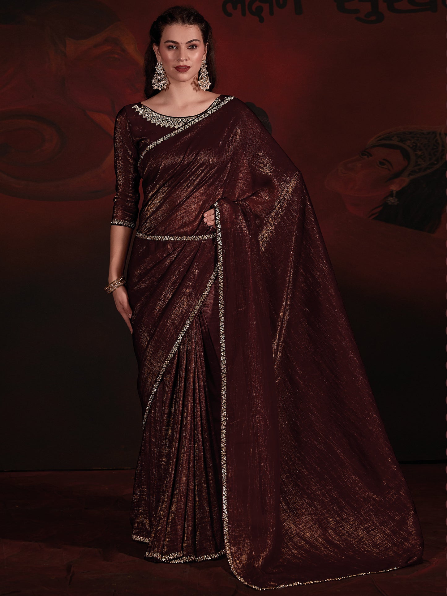 Women's Viscose Silk Brown Embellished Designer Saree With Blouse Piece