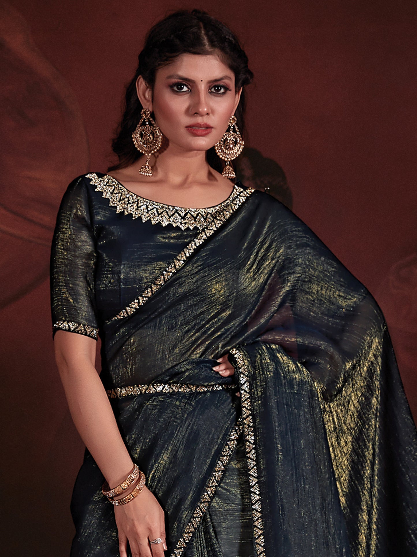 Women's Viscose Silk Teal blue Embellished Designer Saree With Blouse Piece