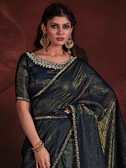 Women's Viscose Silk Teal blue Embellished Designer Saree With Blouse Piece