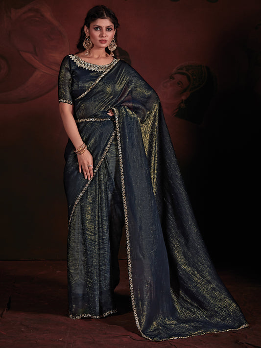 Women's Viscose Silk Teal blue Embellished Designer Saree With Blouse Piece