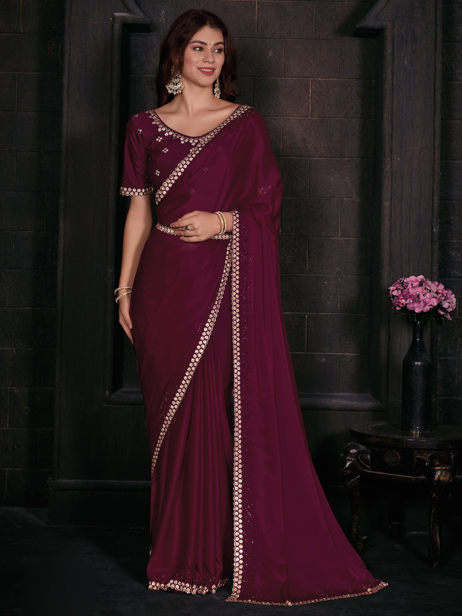 Women's Satin Silk Pink Embellished Designer Saree With Blouse Piece