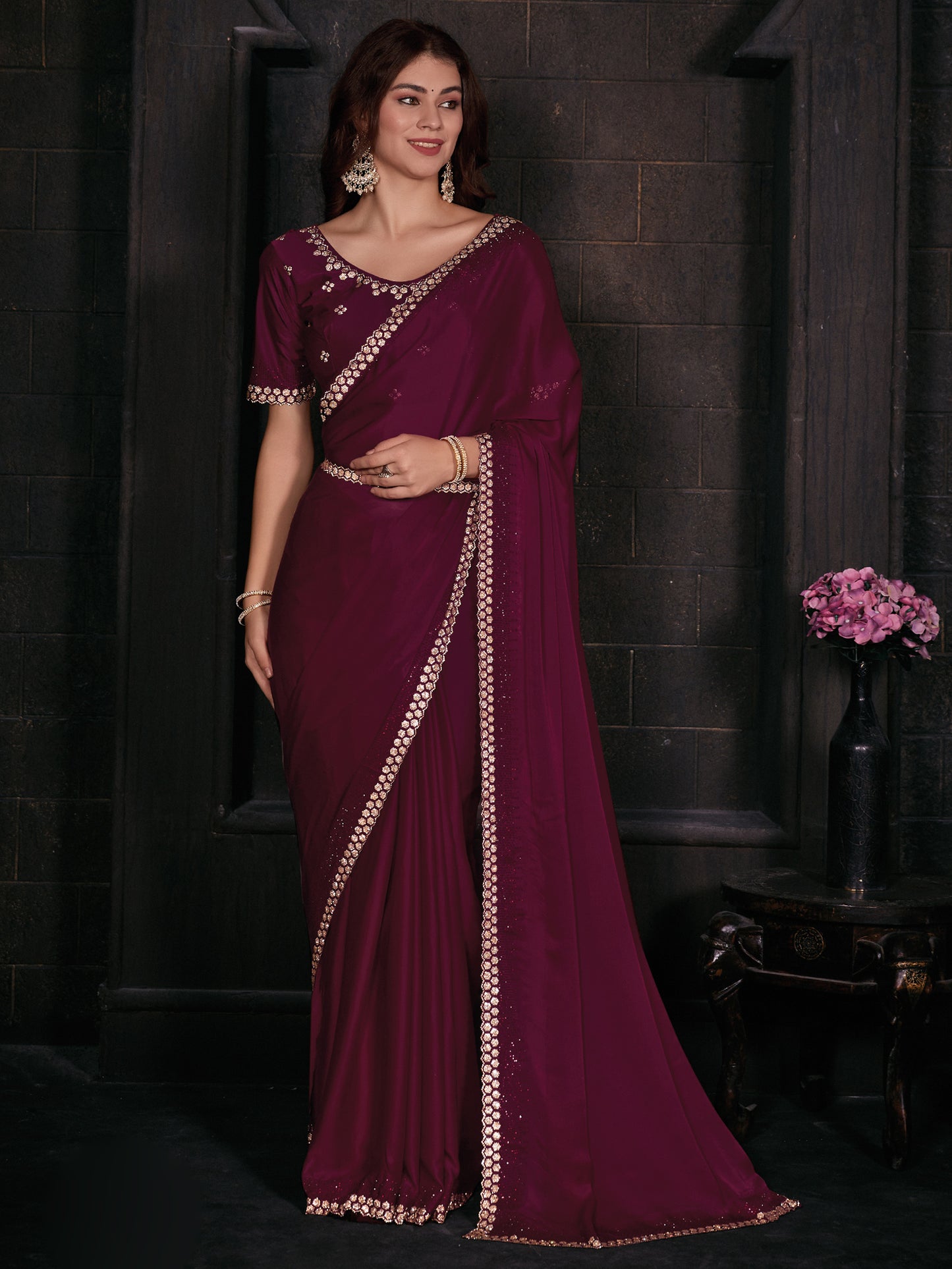 Women's Satin Silk Pink Embellished Designer Saree With Blouse Piece