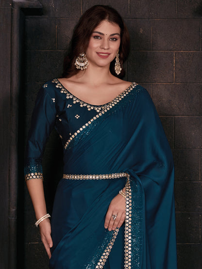 Women's Satin Silk Teal blue Embellished Designer Saree With Blouse Piece