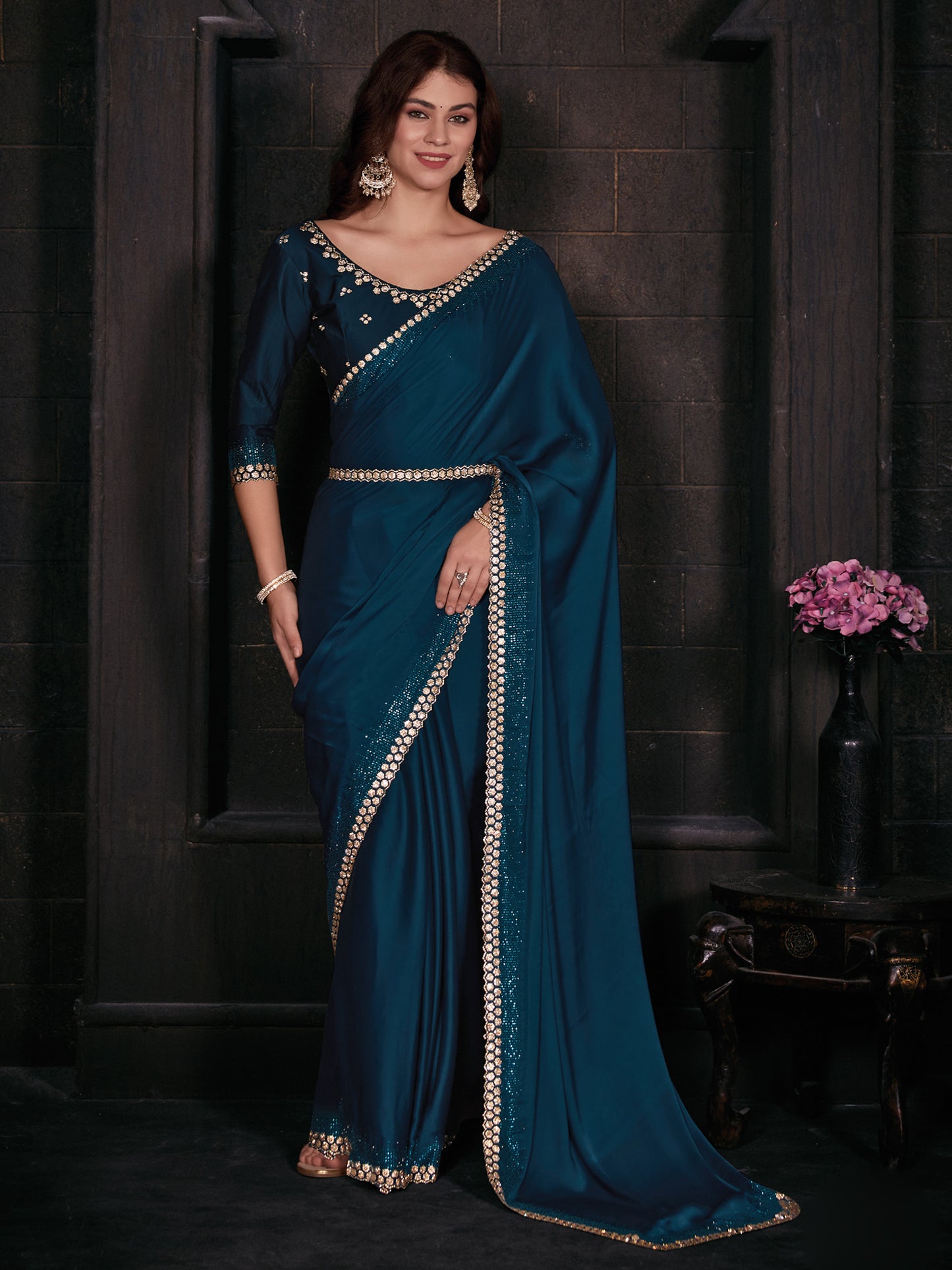 Women's Satin Silk Teal blue Embellished Designer Saree With Blouse Piece