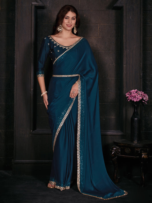 Women's Satin Silk Teal blue Embellished Designer Saree With Blouse Piece