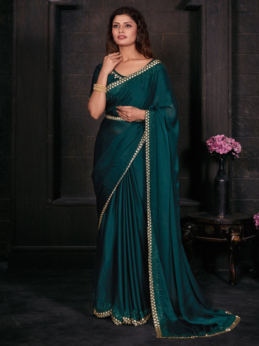 Women's Satin Silk Teal green Embellished Designer Saree With Blouse Piece