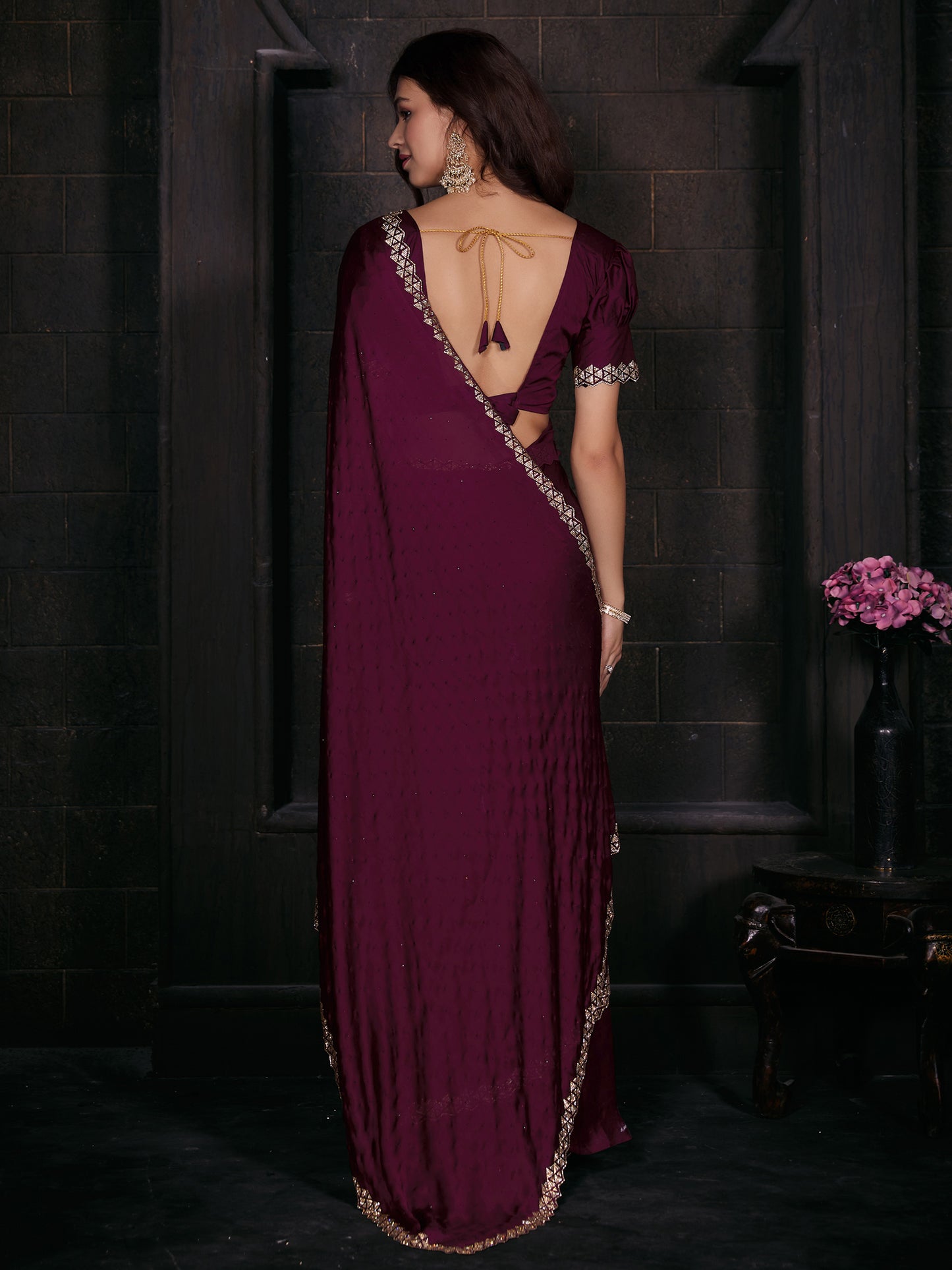 Women's Satin Silk Magenta Embellished Designer Saree With Blouse Piece