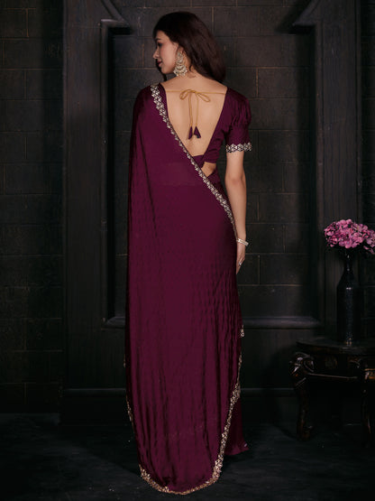 Women's Satin Silk Magenta Embellished Designer Saree With Blouse Piece