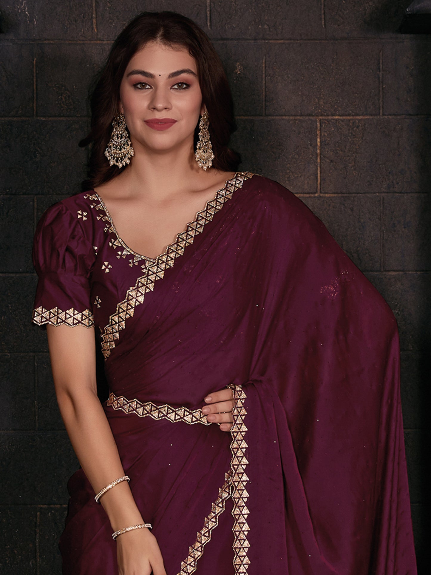 Women's Satin Silk Magenta Embellished Designer Saree With Blouse Piece