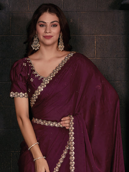 Women's Satin Silk Magenta Embellished Designer Saree With Blouse Piece