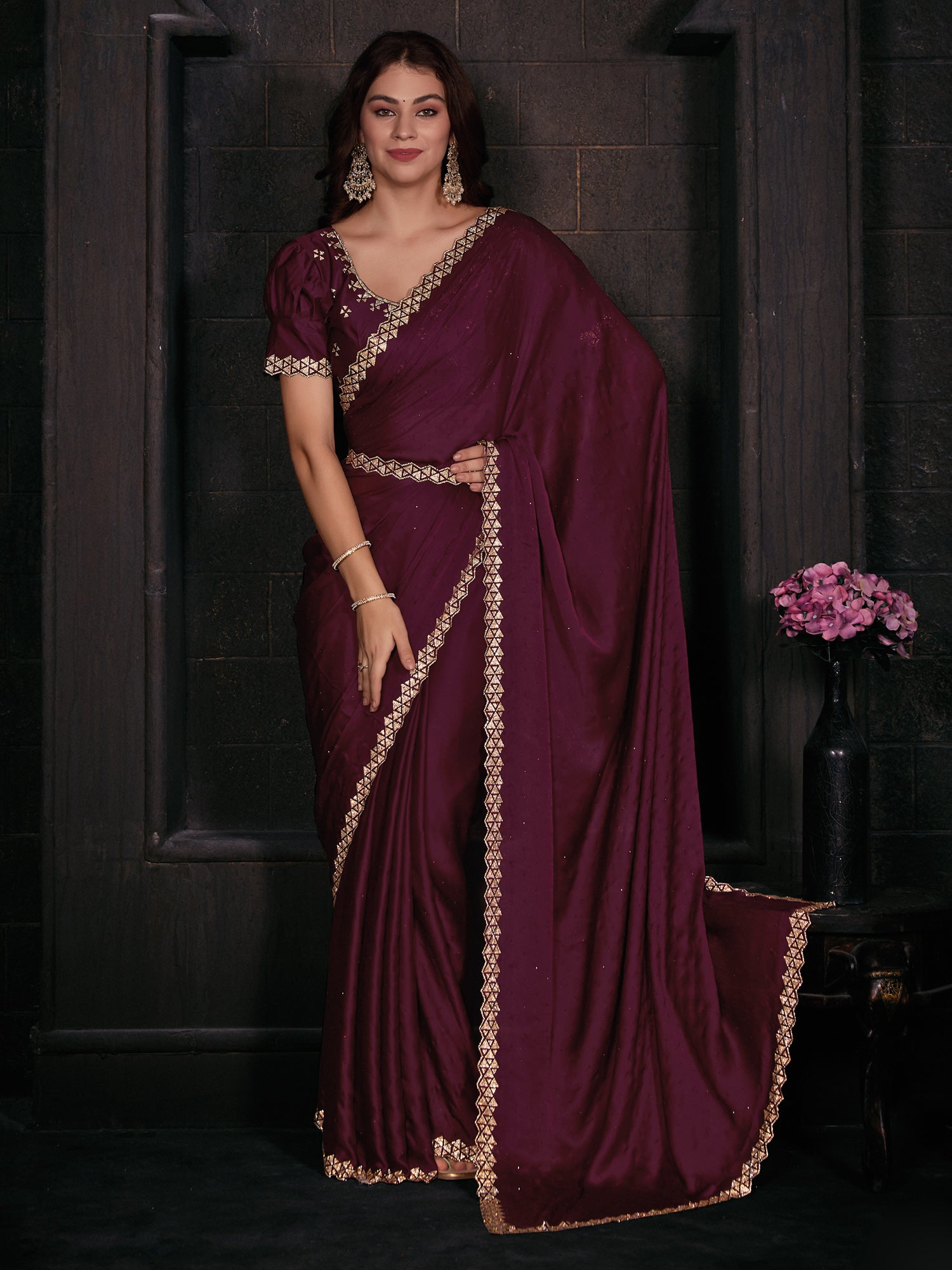 Women's Satin Silk Magenta Embellished Designer Saree With Blouse Piece