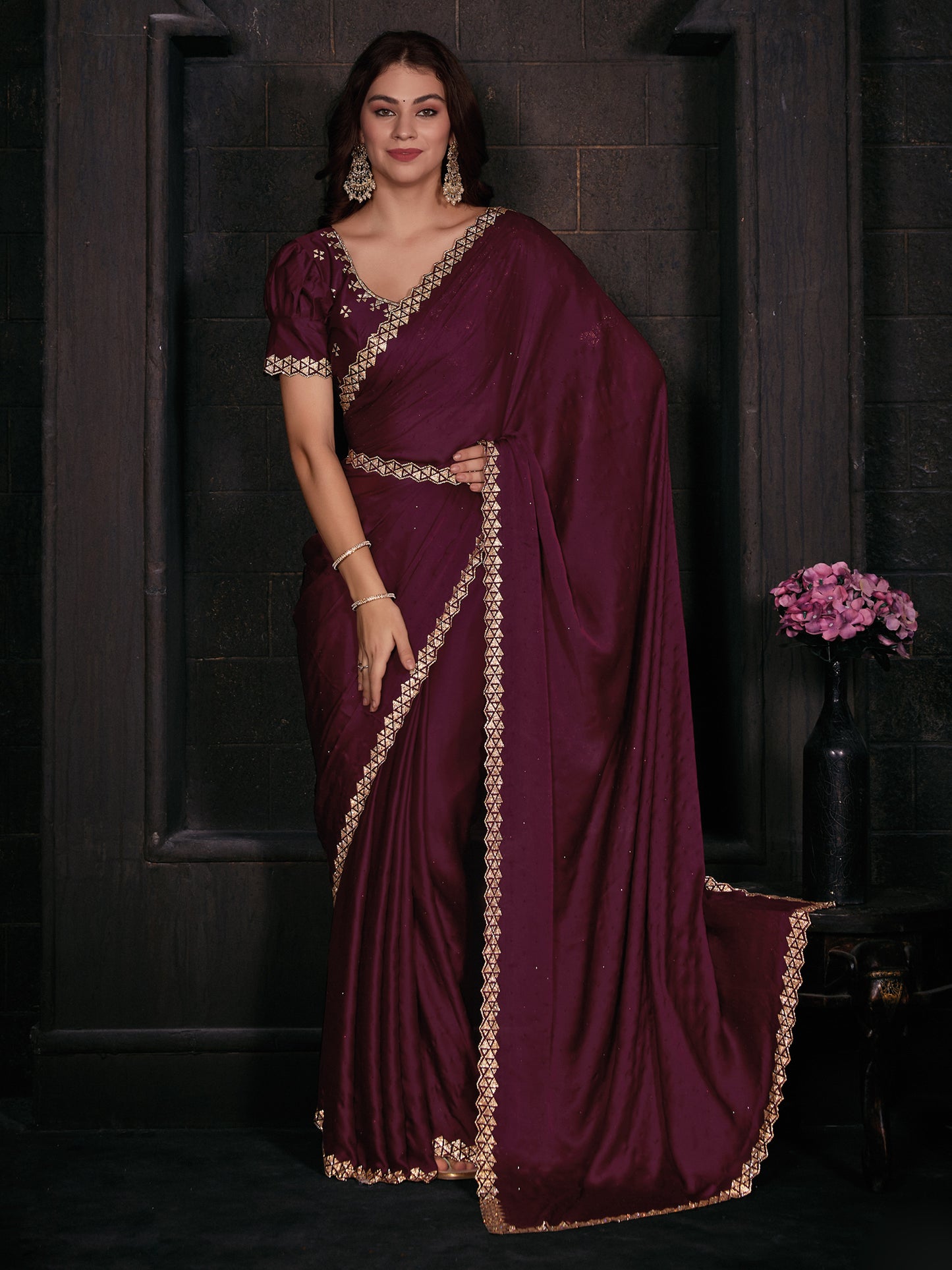 Women's Satin Silk Magenta Embellished Designer Saree With Blouse Piece