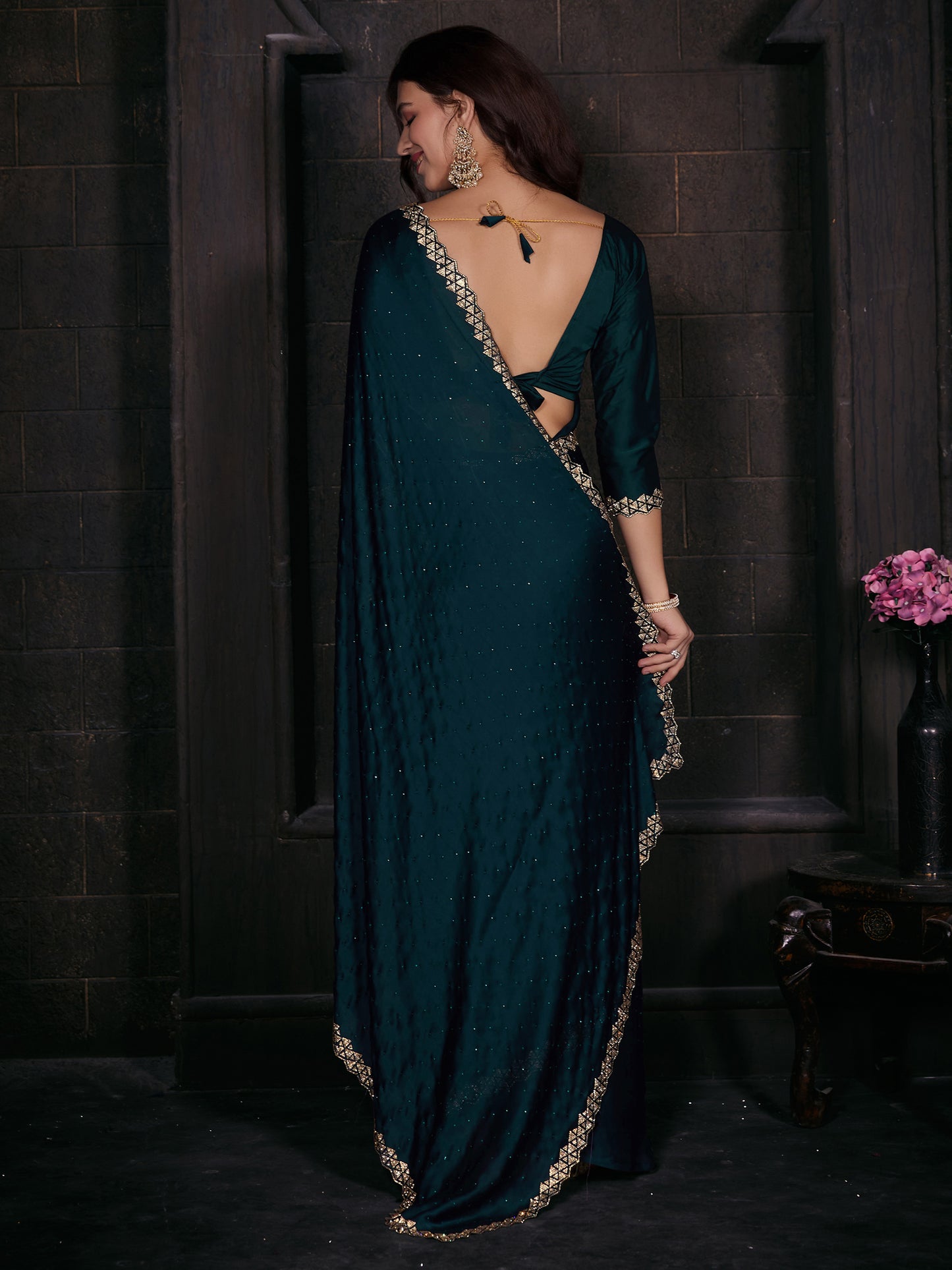 Women's Satin Silk Teal blue Embellished Designer Saree With Blouse Piece