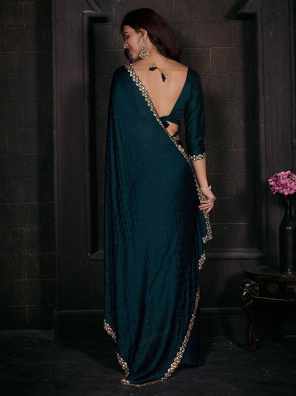 Women's Satin Silk Teal blue Embellished Designer Saree With Blouse Piece