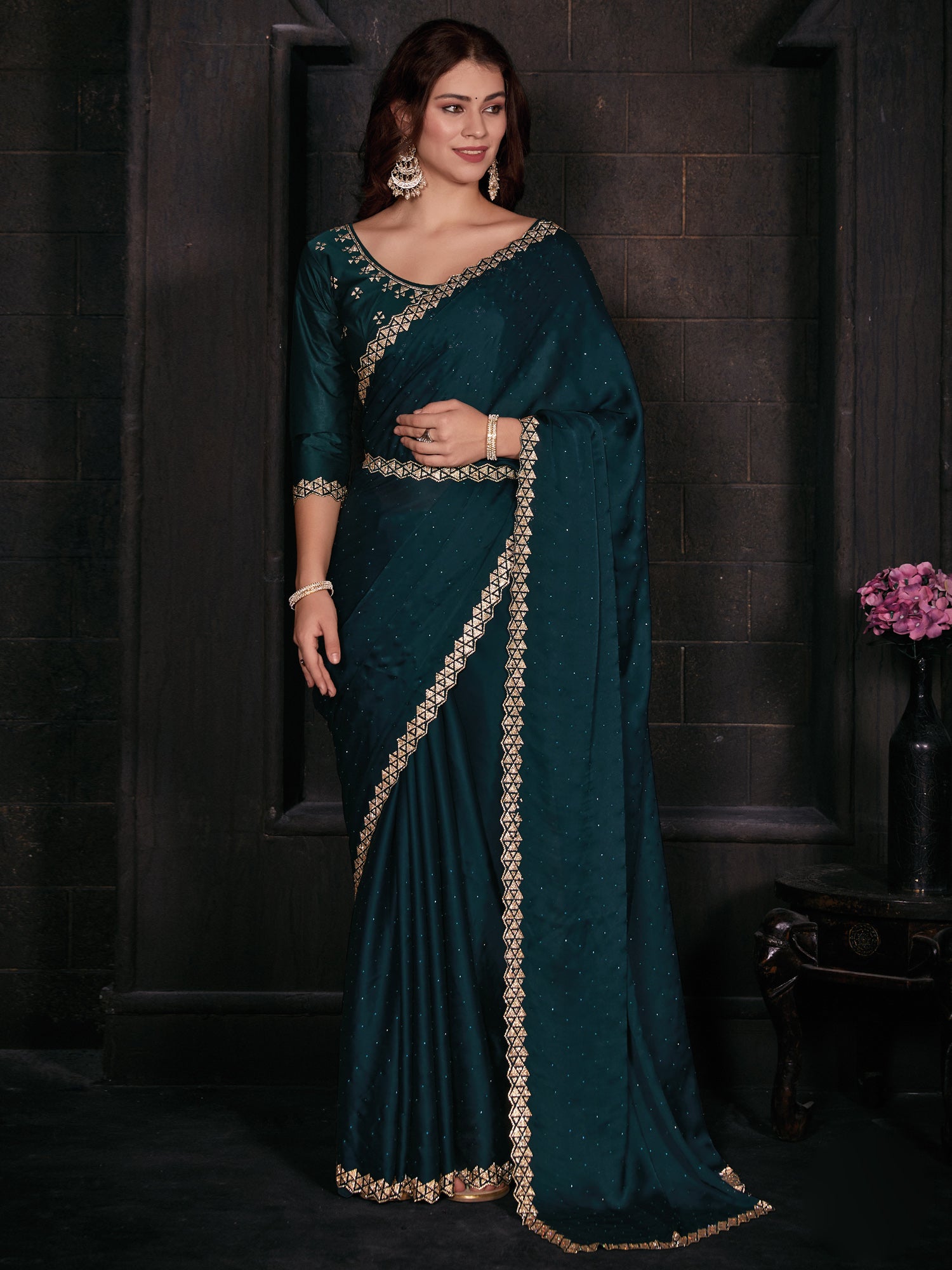 Women's Satin Silk Teal blue Embellished Designer Saree With Blouse Piece