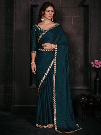 Women's Satin Silk Teal blue Embellished Designer Saree With Blouse Piece