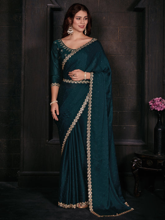 Women's Satin Silk Teal blue Embellished Designer Saree With Blouse Piece