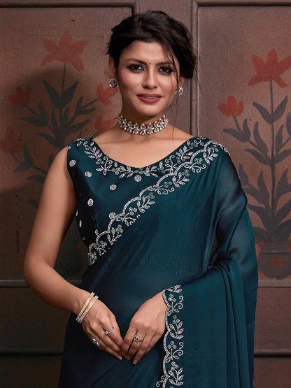 Women's Chiffon Teal blue Embellished Designer Saree With Blouse Piece