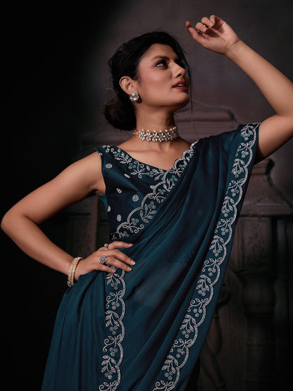 Women's Chiffon Teal blue Embellished Designer Saree With Blouse Piece