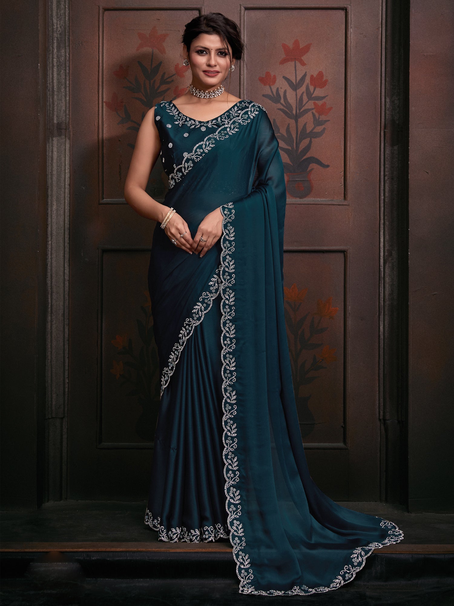 Women's Chiffon Teal blue Embellished Designer Saree With Blouse Piece