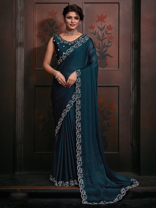 Women's Chiffon Teal blue Embellished Designer Saree With Blouse Piece