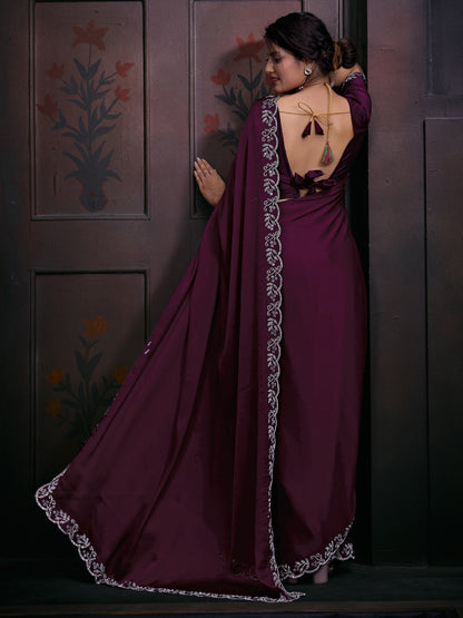 Women's Chiffon Magenta Embellished Designer Saree With Blouse Piece