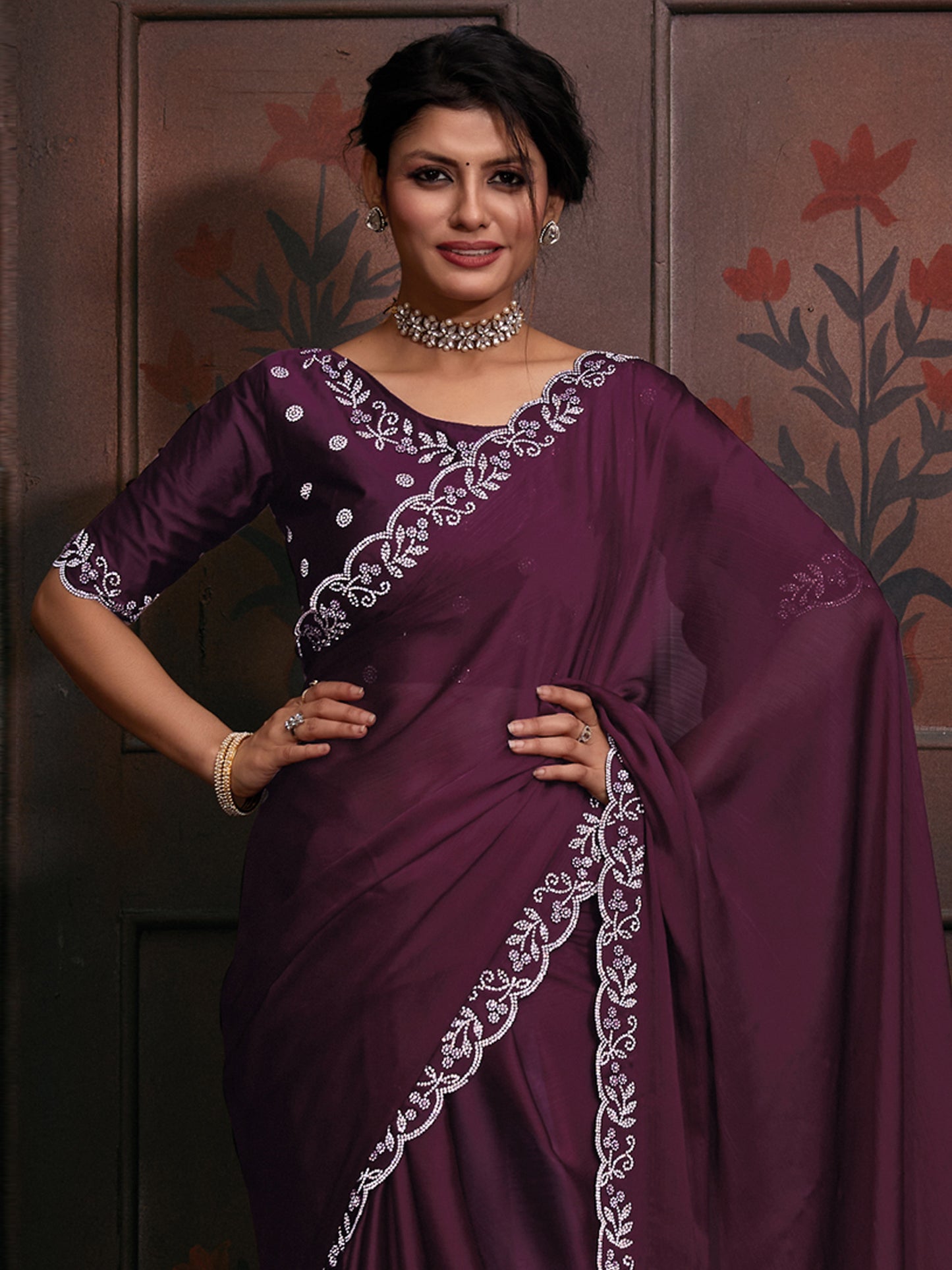 Women's Chiffon Magenta Embellished Designer Saree With Blouse Piece