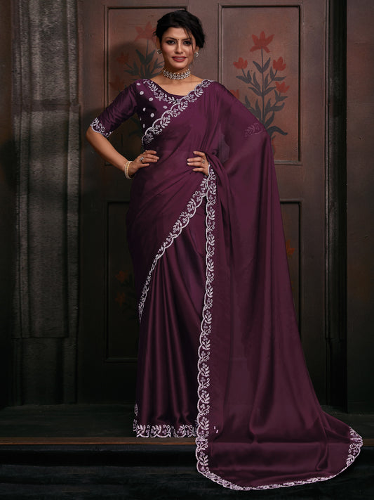 Women's Chiffon Magenta Embellished Designer Saree With Blouse Piece
