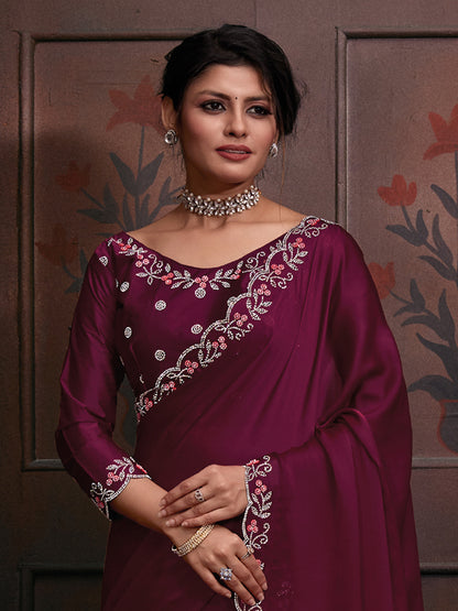 Women's Chiffon Pink Embellished Designer Saree With Blouse Piece