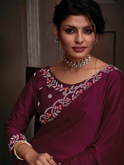 Women's Chiffon Pink Embellished Designer Saree With Blouse Piece