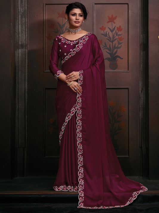 Women's Chiffon Pink Embellished Designer Saree With Blouse Piece