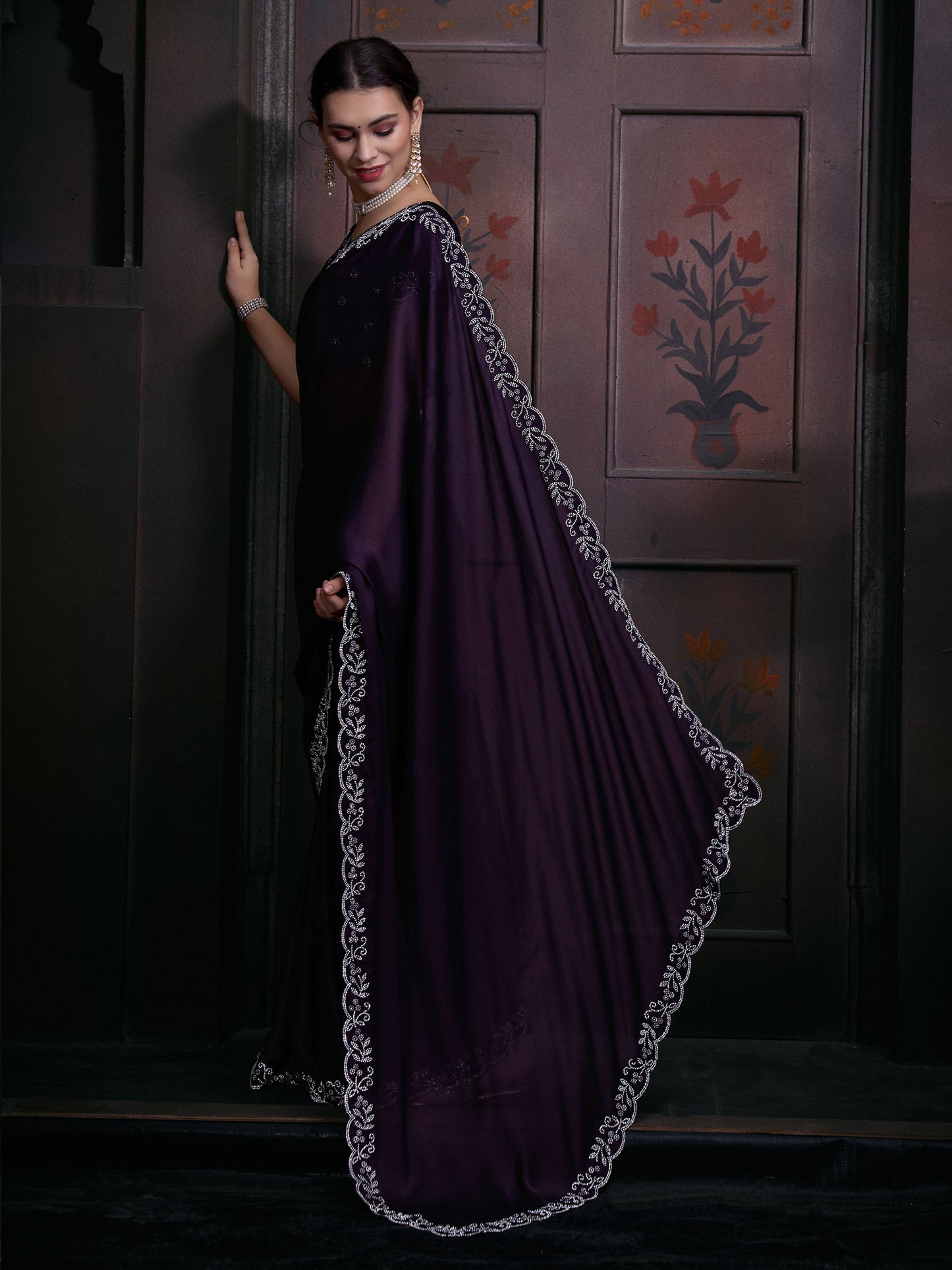 Women's Chiffon Purple Embellished Designer Saree With Blouse Piece