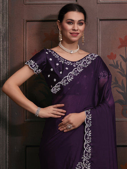 Women's Chiffon Purple Embellished Designer Saree With Blouse Piece