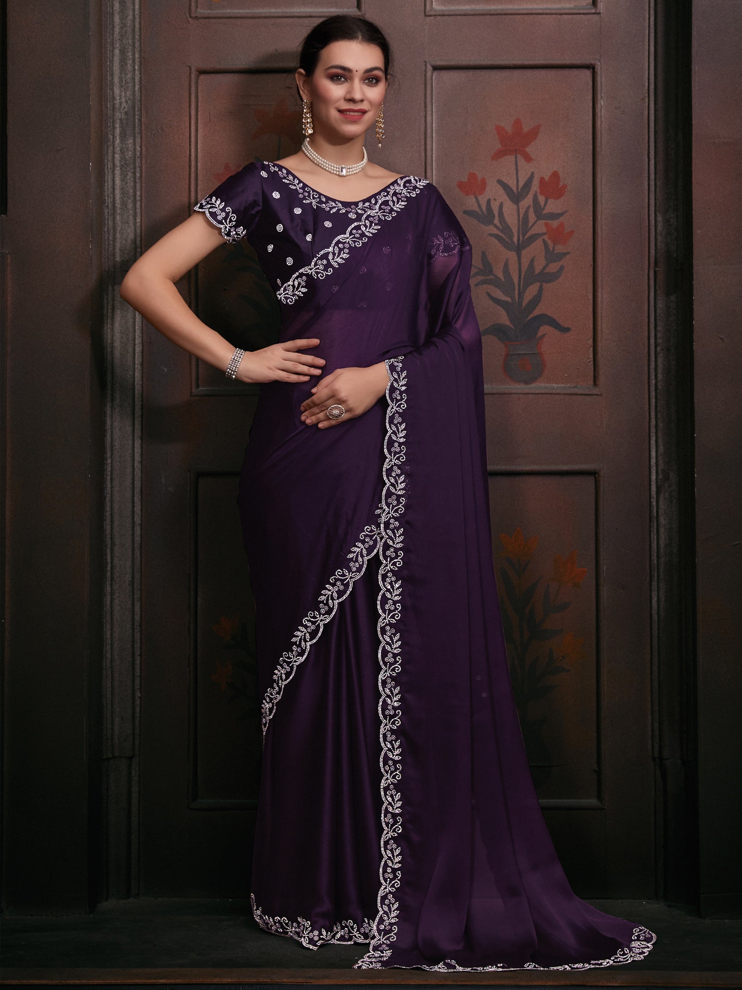 Women's Chiffon Purple Embellished Designer Saree With Blouse Piece