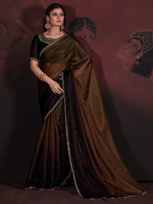 Women's Organza Brown Embellished Designer Saree With Blouse Piece