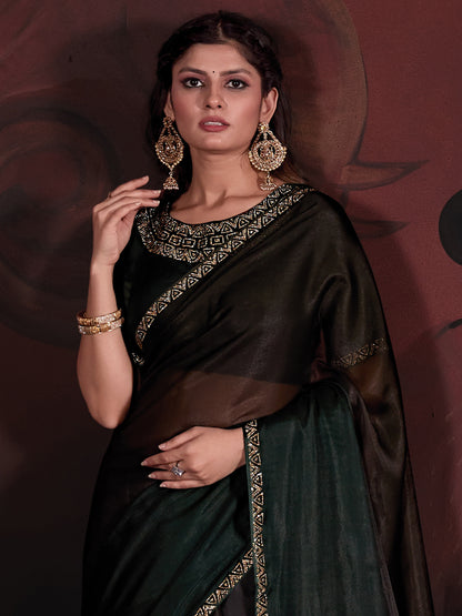 Women's Organza Dark Green Embellished Designer Saree With Blouse Piece