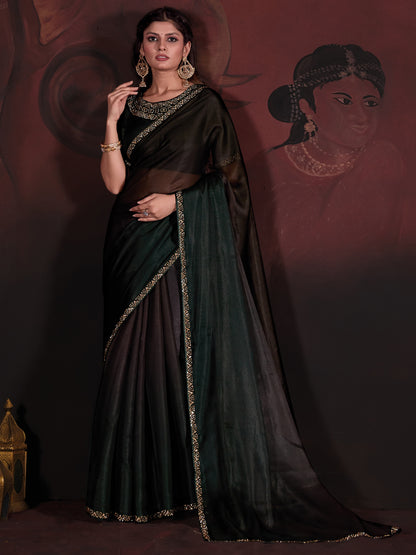 Women's Organza Dark Green Embellished Designer Saree With Blouse Piece