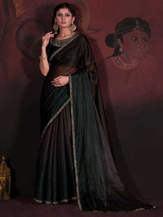 Women's Organza Dark Green Embellished Designer Saree With Blouse Piece