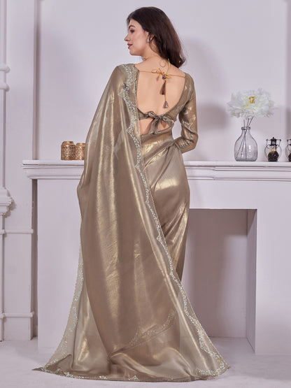 Women's Organza Bronze Embellished Designer Saree With Blouse Piece