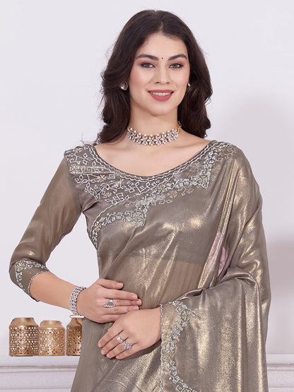 Women's Organza Bronze Embellished Designer Saree With Blouse Piece