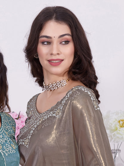 Women's Organza Bronze Embellished Designer Saree With Blouse Piece