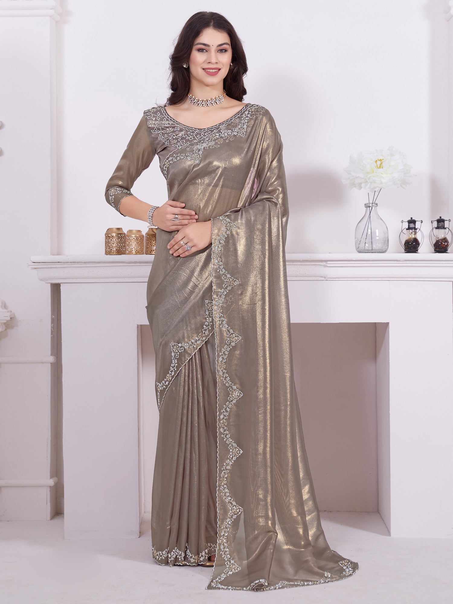 Women's Organza Bronze Embellished Designer Saree With Blouse Piece